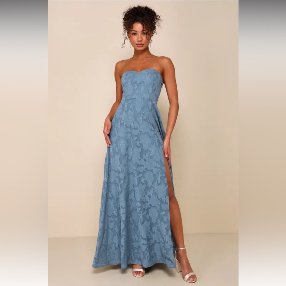 Lulus Garden of Romance Dusty Blue Floral Burnout Strapless Dress